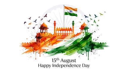 Indian Independence Day watercolor vector, 15th August celebration with Red Fort and national flag, tricolor artistic background with flying birds © ZINIYAISLAM