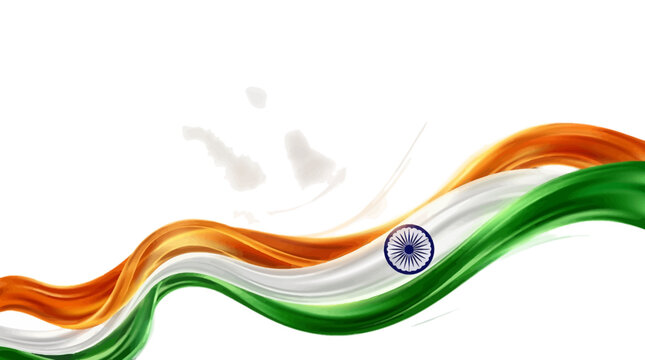 Indian flag tricolor wave background, abstract orange white and green silk ribbons, patriotic national day banner with Ashoka Chakra symbol
