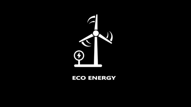 White wind turbine icon with lightning bolt symbol and text ECOENERGY on black background electricity