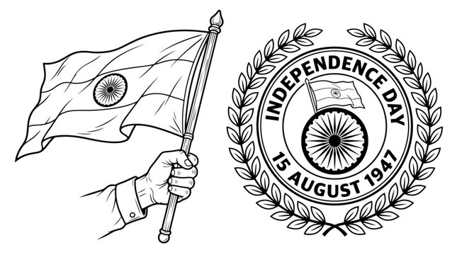 Indian Independence Day vector illustration, hand holding India flag with Ashoka Chakra, 15 August 1947 commemorative seal with laurel wreath