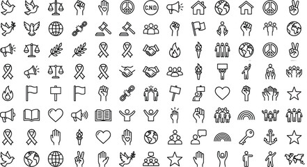 Global peace and activism linear icon collection featuring dove ribbon protest banner and community cooperation symbols © MstHusna