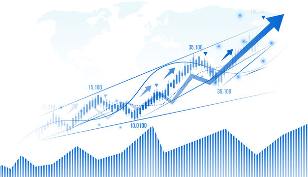 Isolated PNG financial stock market growth chart with blue upward arrow, candlestick graph and world map background