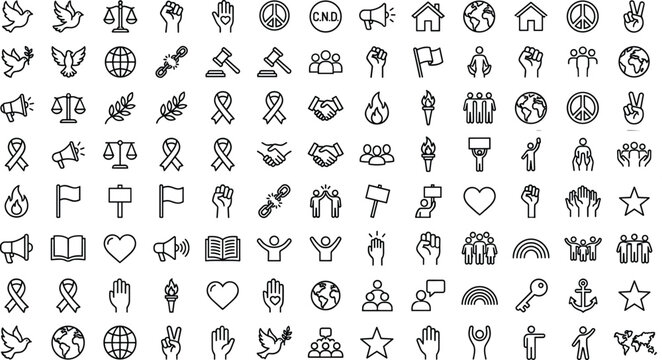 Global peace and activism linear icon collection featuring dove ribbon protest banner and community cooperation symbols