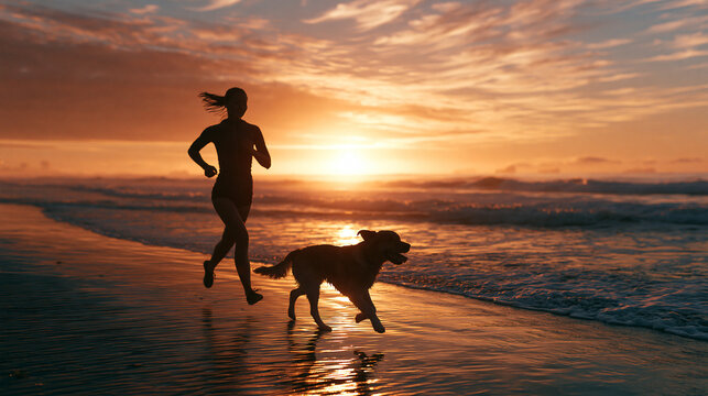 Sunset Jogging Bliss: Fitness Runner and Dog Embrace Active Lifestyle by the Seaside