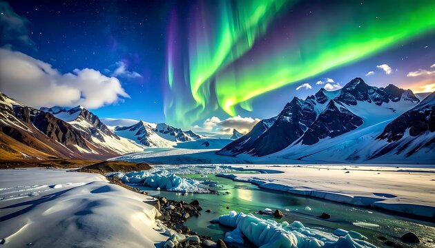 A serene snowy mountain landscape under the vibrant aurora borealis