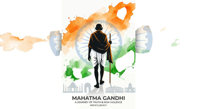Mahatma Gandhi illustration with Indian flag watercolor background, Gandhi Jayanti poster for truth and non-violence, Indian independence vector art