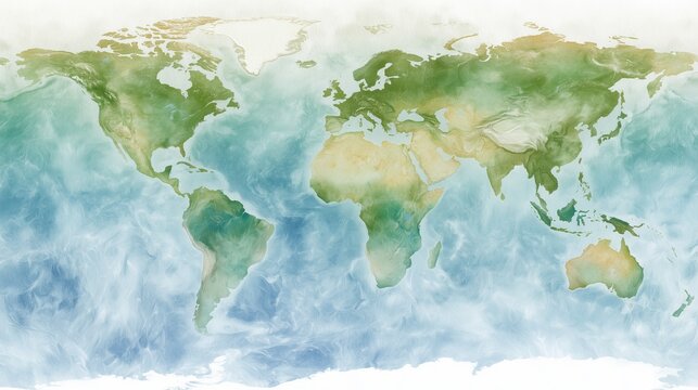 Global growth concept with artistic watercolor world map showing continents and oceans in soft, flowing colors for business expansion visuals