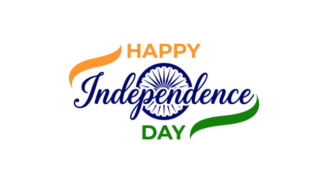 Indian Independence Day typography with Ashoka Chakra, patriotic tricolor flag ribbons, Happy Independence Day greeting vector for national holiday