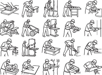 Obraz premium A collection of black and white illustrations depict a variety of woodworking tasks, showcasing different tools and techniques used by a craftsman.