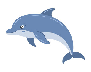 Obraz premium Cute blue dolphin illustration with a smiling face and big eyes, friendly marine mammal character jumping, under the sea creature isolated on transparent background, nursery print graphic design