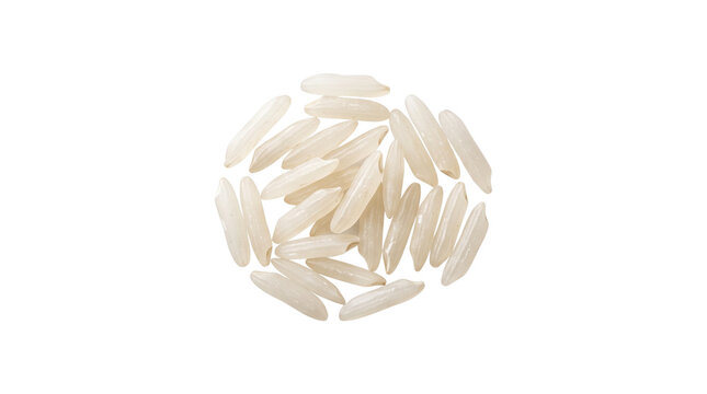 Uncooked basmati rice grains isolated on white background, long grain white rice seeds, raw organic jasmine rice for culinary packaging and food design