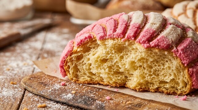 Delicious pink and white concha sweet bread on a wooden board