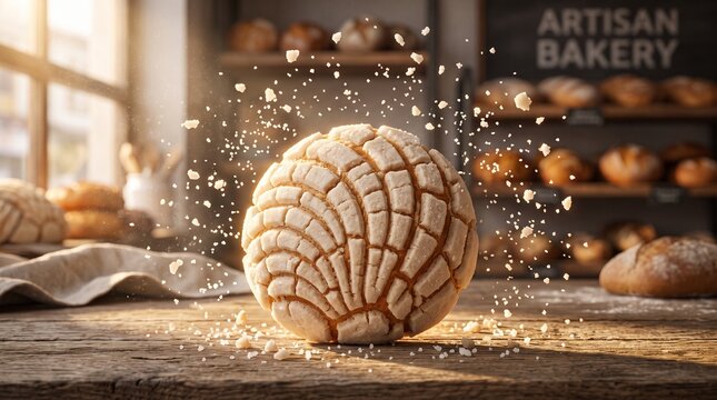 Delicious concha pastry with sugar crust falling on a rustic wooden table