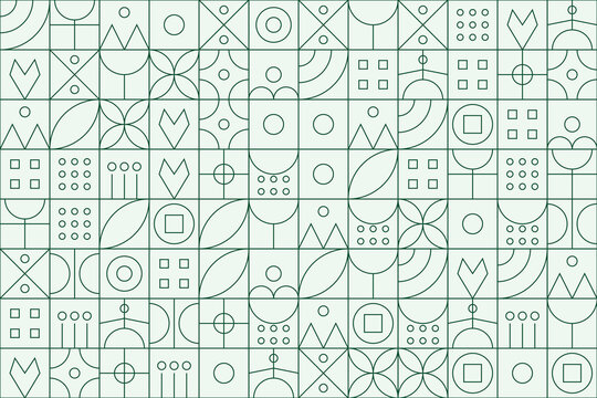 Intricate geometric patterns of monoline black and white symbols on grid background