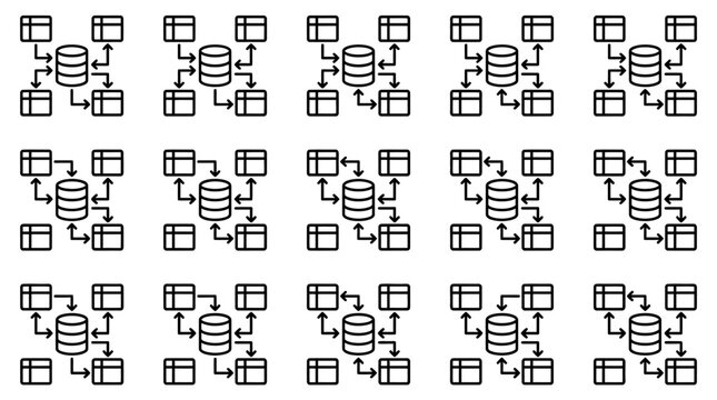 Minimalist Black and White Diagram Showing Various Database Interaction Flowcharts with Arrows and Boxes