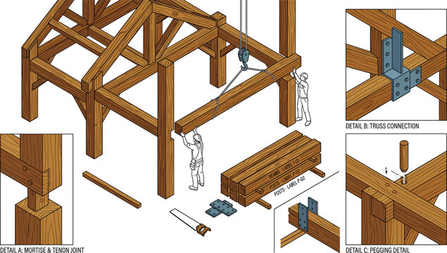 Technical illustration of timber frame construction showing assembly workers and structural connection details