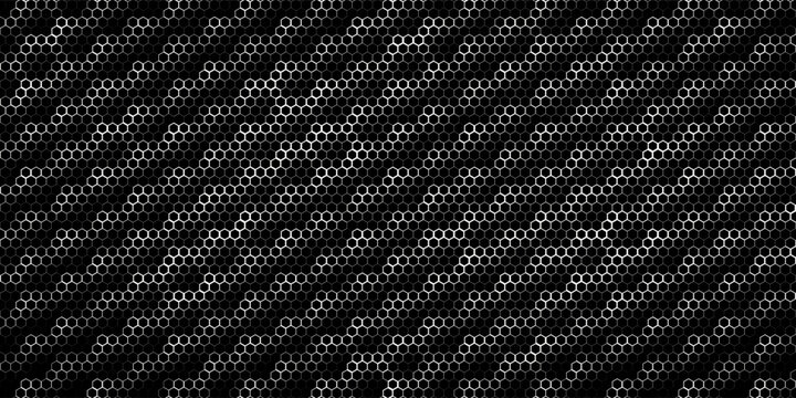 Black seamless hexagon texture. Repeated honeycomb pattern background. Geometric hexagonal halftone tech overlay backdrop. Abstract repeating hex halftone. Vector retro technology dot texure wallpaper