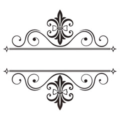 Elegant black fleur de lis frames with decorative bow elements, swirls, and flourish scrolls, royal heraldic ornament isolated on white background. © MST. JANNATUL