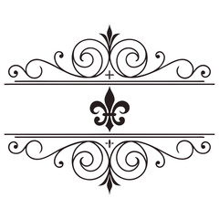 Black silhouette of elegant floral frames with fleur de lis element, decorative crosses, swirls, and flourish scrolls on white background. © MST. JANNATUL