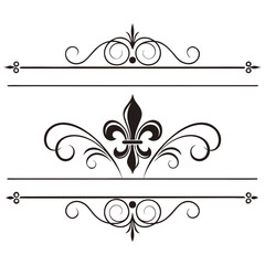 Ornate flourish divider set with fleur de lis symbols and decorative swirls for elegant stationery cards border elements vintage style graphic design asset classic black vector illustration pack. © MST. JANNATUL