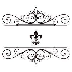 Ornate flourish divider set with fleur de lis symbols and decorative swirls for elegant stationery cards border elements vintage style graphic design asset classic black vector illustration pack. © MST. JANNATUL