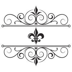 Ornate flourish divider set with fleur de lis symbols and decorative swirls for elegant stationery cards border elements vintage style graphic design asset classic black vector illustration pack. © MST. JANNATUL