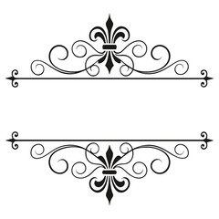 Ornate flourish divider set with fleur de lis symbols and decorative swirls for elegant stationery cards border elements vintage style graphic design asset classic black vector illustration pack. © MST. JANNATUL