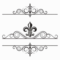 Sophisticated black flourish dividers with central fleur de lis symbols and ornate swirl patterns for vintage stationery invitation border design element graphic luxury vector illustration collection. © MST. JANNATUL