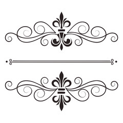 Traditional fleur de lis filigree frame with symmetrical scrollwork and floral flourishes for classic stationary borders or historical branding elements in elegant black vector silhouette. © MST. JANNATUL