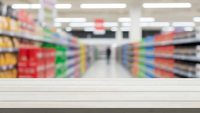Supermarket aisle with shelves full of products and a wooden table in the foreground.