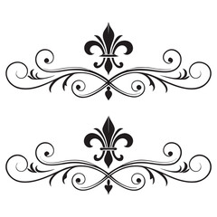 Decorative fleur de lis dividers for text and page layout vector set with ornate scrolls and vintage royal ornaments isolated on white background perfect for professional design project assets. © MST. JANNATUL