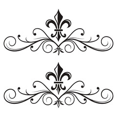 Decorative flourishes with fleur de lis symbol perfect for invitations, certificates, borders, or elegant design elements adding touch of sophistication. © MST. JANNATUL