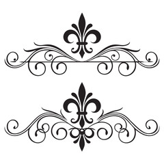 Elegant vintage decorative floral swirl ornament with fleur de lis in top and bottom sections, perfect for graphic design elements. © MST. JANNATUL