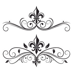 Set of floral fleur de lis ornaments and decorative dividers with leaves and swirls vector graphic collection for elegant text layouts isolated on white background classic vintage style motifs. © MST. JANNATUL