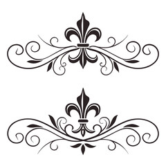Sophisticated fleur de lis flourish design with intricate leaf details, ideal for creating elegant headers, footers, or borders in classic-themed artwork. © MST. JANNATUL