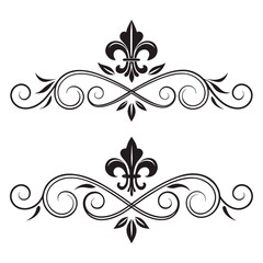 Symmetrical vintage decorative floral swirl ornament with fleur de lis in top and bottom sections, great for graphic design. © MST. JANNATUL
