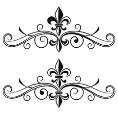 Intricate vintage decorative floral swirl ornament with fleur de lis in top and bottom sections, excellent for graphic use. © MST. JANNATUL