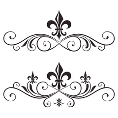 Graphic collection of two black fleur de lis ornaments featuring intricate swirling details and symmetrical heraldic shapes for high quality printed media or sophisticated web graphic asset designs. © MST. JANNATUL