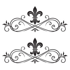 Intricate infinity scroll flourish with fleur de lis emblem, decorative vintage border for formal wedding invitations, elegant graphic design, antique stationery elements. © MST. JANNATUL