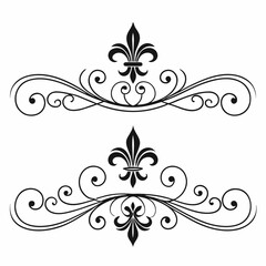 Decorative ornamental scrollwork flourish with fleur de lis emblem, elegant vintage border design element for invitation card, wedding decor, formal stationery and graphic art. © MST. JANNATUL