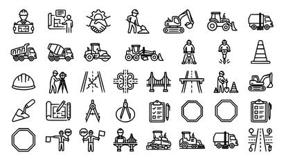 Fototapeta premium Road Construction and Civil Engineering Outline Icons Editable Stroke EPS Vector Collection