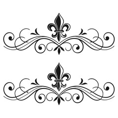 Vintage scroll ornaments collection with fleur de lis symbol and sophisticated flourish design elements for artistic paper stationery frames luxury border embellishments wedding invitation graphics. © MST. JANNATUL