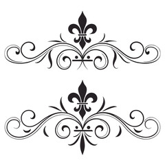 Vintage scroll ornaments collection with fleur de lis symbol and sophisticated flourish design elements for artistic paper stationery frames luxury border embellishments wedding invitation graphics. © MST. JANNATUL