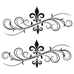 Fleur de lis floral divider set with elegant scrollwork and vintage filigree elements for classic invitations and heraldic emblem design projects featuring black lily motifs and swirly lines. © MST. JANNATUL