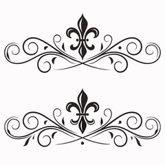 Vintage scroll ornaments collection with fleur de lis symbol and sophisticated flourish design elements for artistic paper stationery frames luxury border embellishments wedding invitation graphics. © MST. JANNATUL