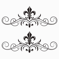 Elegant fleur de lis ornament set with symmetrical scrollwork and refined floral filigree for luxury wedding invitations and classic heraldic border designs featuring black lily silhouette art. © MST. JANNATUL