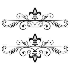 Vintage scroll ornaments collection with fleur de lis symbol and sophisticated flourish design elements for artistic paper stationery frames luxury border embellishments wedding invitation graphics. © MST. JANNATUL