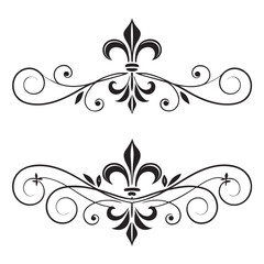Sophisticated fleur de lis divider set with curly scrollwork and classic floral accents for traditional wedding invitations and heraldic logo designs featuring elegant black filigree silhouettes. © MST. JANNATUL