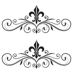 Elegant fleur de lis scroll divider set for classic vintage invitation design ornate heraldic lily symbol with swirl flourish border vector illustration for royal wedding greeting card ornament. © MST. JANNATUL