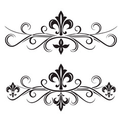 Elegant fleur de lis scrollwork set for royal ornament designs featuring artistic flourish patterns and classic border embellishments suitable for luxury stationery invitations and creative branding. © MST. JANNATUL